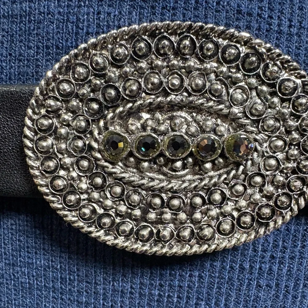 Chic Black Leather and Silver Concho Women's Belt. All Beading Intact. Western